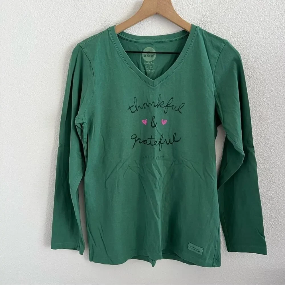 Life Is Good Thankful and Grateful Long Sleeve Green Shirt Top 100% Cotton Small - Picture 1 of 7